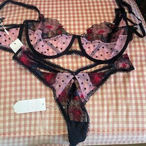 For Love And Lemons Pink and Black Floral Lace Bra Set